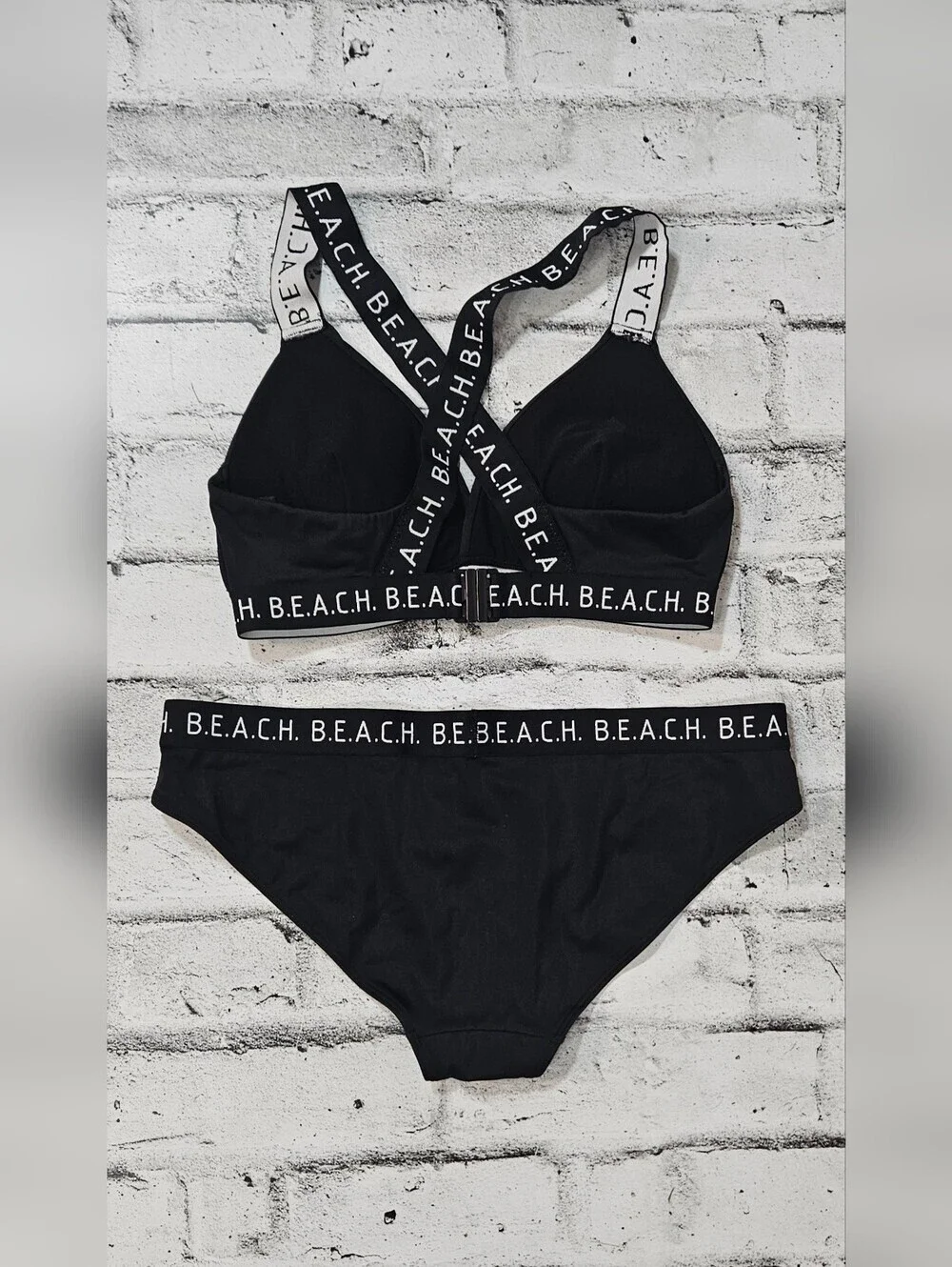 H&M Black Bikini Set Size M Cross Back Logo Strap Two Piece Swimsuit NWOT